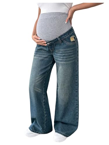 MakeMeChic Women's Maternity Jeans Wide Leg Over The Belly Denim Pant - color: Blue, size: Small