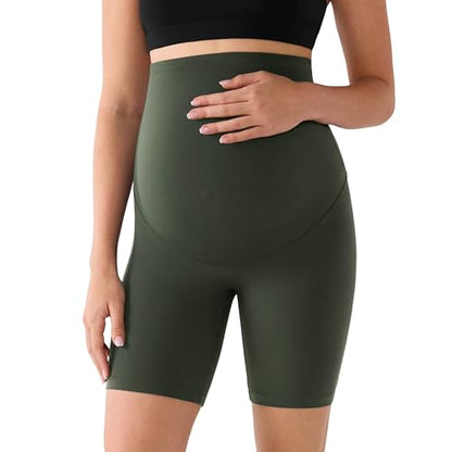 MOMANDA No Front Seam Maternity Biker Shorts 6" - color: Aspen Olive, size: Small