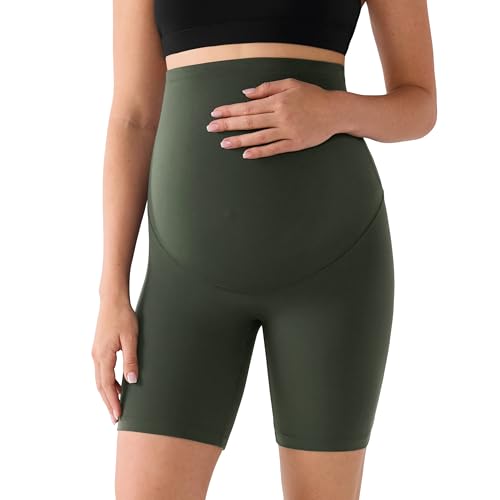 MOMANDA No Front Seam Maternity Biker Shorts 6" - color: Aspen Olive, size: Small