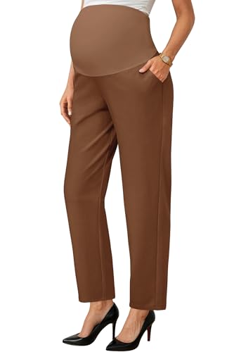 OUGES Women's Over Belly Straight Leg Maternity Pants with Pockets - color: Dark Coffee, size: X-Large