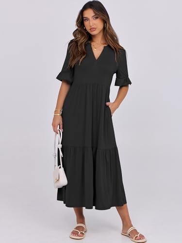 ANRABESS Womens Summer Casual Maxi Dresses Ruffle Short Sleeve Dress - color: Black, size: Medium