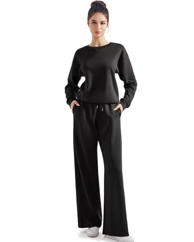 SUUKSESS Women Modal 2 piece outfits Oversized Sweatshirt Wide Leg Pants - color: Black, size: Medium