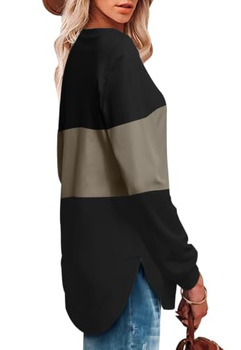 OFEEFAN Womens Sweatshirt Crewneck Long Sleeve Shirts High Low Tops Curved Hem - color: Black Brown, size: XX-Large