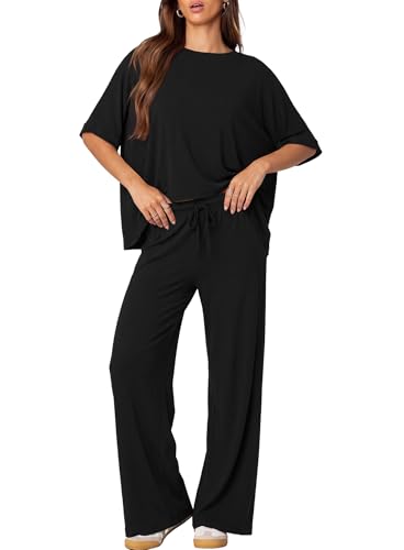 Darong Womens 2 Piece Matching Lounge Sets Travel Outfit Summer Tracksuit - color: Black, size: Medium