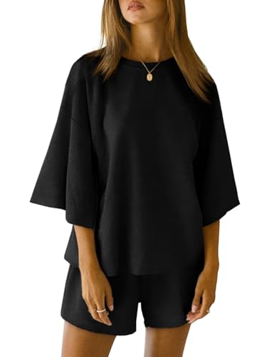 Tankaneo Womens 2 Piece Pajama Sets Oversized Tops Loose Shorts Lounge Sets - color: Black, size: Medium