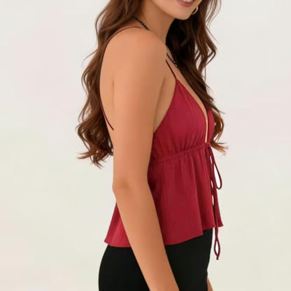 Women Front Tie Top Y2k Halter Neck Flowy Summer Going Out Tank Top Streetwear - color: A Red, size: Medium