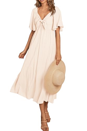 PRETTYGARDEN Women's Summer Bow Tie V Neck Midi Dresses - color: Beige, size: Large