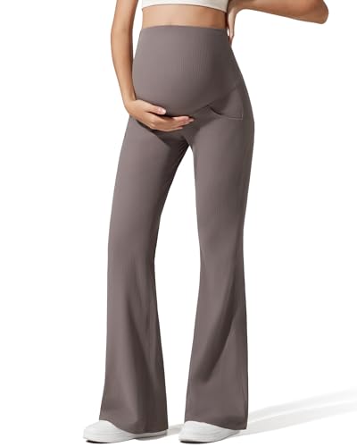 G4Free Ribbed Maternity Pants Yoga Flare Pregnancy Leggings Casual - color: Taupe, size: XX-Large