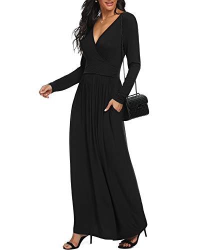 LILBETTER Women Long Sleeve Deep V Neck Loose Plain Long Maxi Casual Dress - color: Black, size: XX-Large