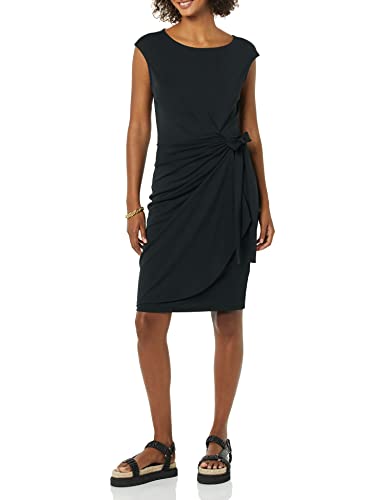 Amazon Essentials Women's Cap Sleeve Boat-Neck Faux Wrap Pleated Matte Jersey Dress - color: Black, size: Large