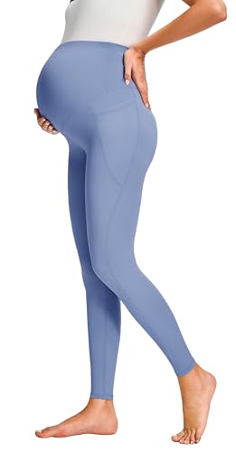 JOYSPELS Smooth Feeling Maternity Workout Leggings with Pockets Pregnancy Pants Over The Belly - color: Light Blue, size: Medium