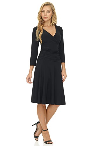 Rekucci Women's Slimming 3/4 Sleeve Fit-and-Flare Crossover Tummy Control Dress - color: Black, size: 8
