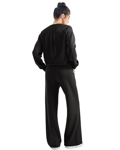 SUUKSESS Women Modal 2 piece outfits Oversized Sweatshirt Wide Leg Pants - color: Black, size: Medium
