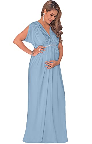 KOH KOH Womens Long Short Sleeve V-Neck Maternity Summer Flowy Maxi Dress - color: Sky Light Blue, size: Medium