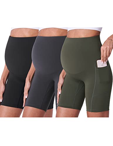 POSHDIVAH 3/4 Pack Maternity Biker Shorts Over The Belly with Pockets 5"/8" - color: Black/Grey/Green 8", size: Small