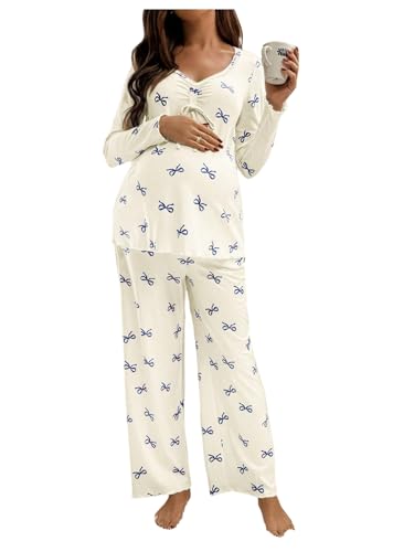WDIRARA Women's 2 Piece Maternity Lounge Sets Bow Print Long Sleeve Sleepwear Pants Pajama Sets