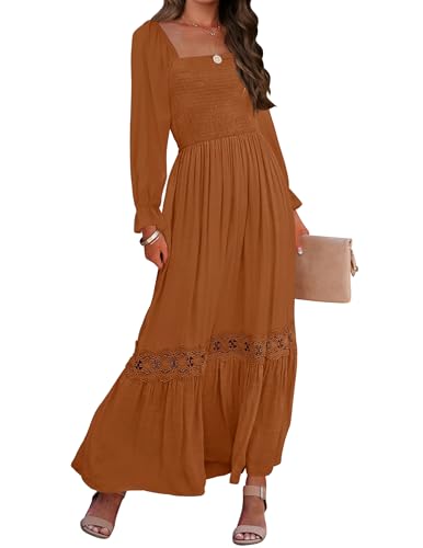 ZESICA Women's 2026 Boho Long Sleeve Fall Maxi Dress - color: Brown, size: Small