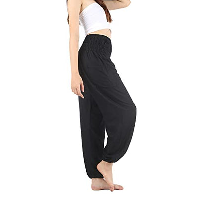 Boho Pants 2-Pocket Flowy Harem Pants Women for Yoga Travel Hippie Clothes - color: Solid Black, size: Medium