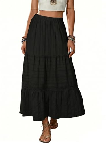 BLENCOT Women's Boho Tiered High Waisted Cotton Long Flowy Skirt - color: Black, size: Medium