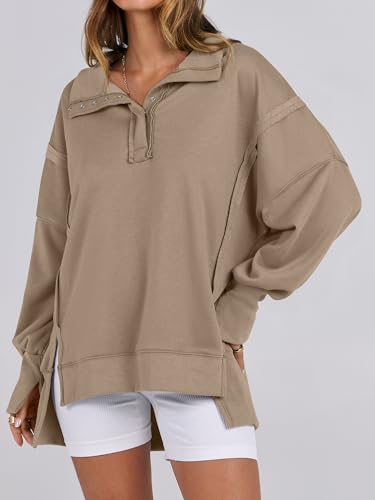 ANRABESS Sweatshirt for Women Oversized Casual Fall Henley Pullover Top - color: Khaki, size: Medium