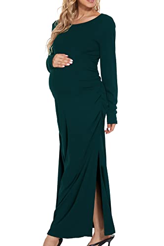 Smallshow Women's Ruched Long Sleeve Split Maternity Dress - color: Deep Green, size: X-Large