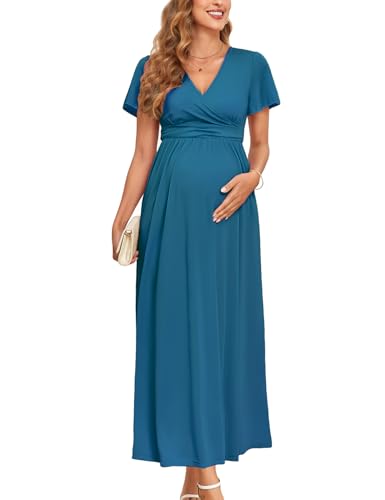 AISWI 2025 Women's Maternity Maxi Dress Long Sleeve Wrap V Neck Pregnancy Dresses with Pockets Baby Shower Photoshoot Formal - color: 1. Ruffle Sleeve, Peacock Blue, size: Medium