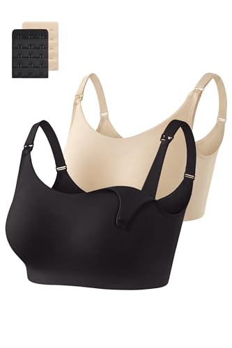 OUGES Cotton 2 Pack Nursing Bras Breastfeeding Seamless Maternity Sleep Bra - color: Black/Nude, size: XX-Large
