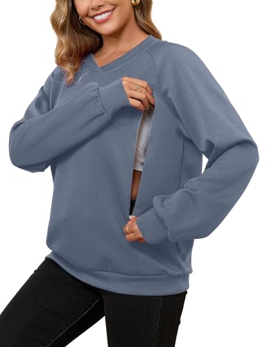 Bhome Nursing Sweatshirt Long Sleeve V Neck Breastfeeding Shirts Zipper Maternity Pumping Tops Pregnancy Sweater Pullover - color: Gray Blue, size: Medium