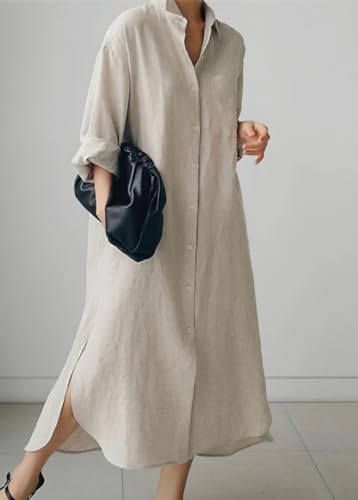 chouyatou Women's Spring Button Down Cotton Shirt Dress Summer Flowy Side Slit Maxi Shift Dress - color: Apricot, size: Small