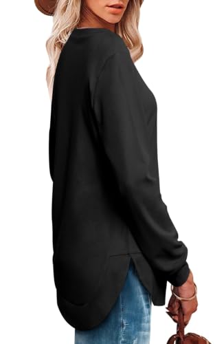 OFEEFAN Womens Sweatshirt Crewneck Long Sleeve Shirts High Low Tops Curved Hem - color: B-black, size: Medium
