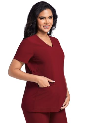 COZYFIT Maternity Scrub Top, V-Neck Pregnancy Shirt with 2 Pockets - color: Burgundy, size: X-Small