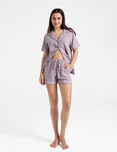 Womens Muslin Pajama Sets 100% Cotton Double Gauze Linen Like Short Pjs - color: Purple, size: Medium