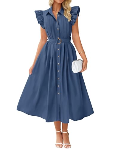 ZESICA Womens Summer Button Midi Dress Casual Work Dresses - color: Navy, size: Large