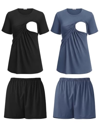 Ekouaer 2 Pack Nursing Pajamas Set Postpartum Outfits for Women - color: Black/Blue, size: Medium