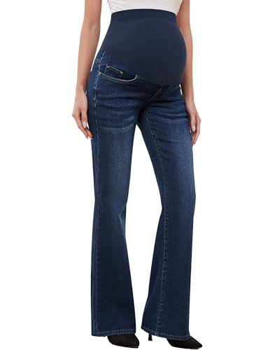 GLAMIX Women's Stretch Maternity Bootcut Jeans with Pockets Over The Belly Bell Bottoms Flare Denim Pants Pregnancy Clothes - color: Vintage Blue, size: Large