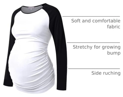 Maternity Shirt Long Sleeve Basic Top Ruch Sides Bodycon Tshirt for Pregnant Women - color: Black and White, size: Medium