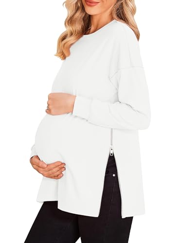 Women's Maternity Shirts Long Sleeve Sweatshirt Zipper Split Side Pregnancy Casual Tunic Top - color: Off-white, size: Medium