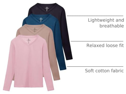4 Pack Women's Long Sleeve Cotton V Neck Tshirts Basic Tees Tops Undershirt - color: Set 6, size: XX-Large