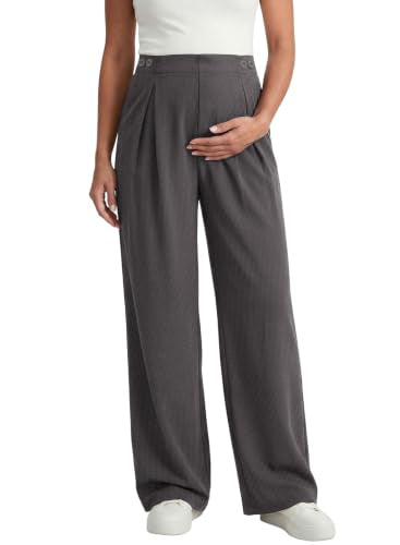 BLENCOT Maternity Pants Work Waffle Knit Wide Leg Pregnancy Trousers - color: Carbon Grey, size: Medium