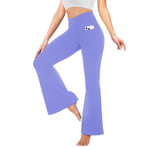 YOLIX Flare Leggings for Women with Pockets - Crossover High Waisted Black Flared Leggings for Yoga Gym Workout - color: Violet Purple, size: Large