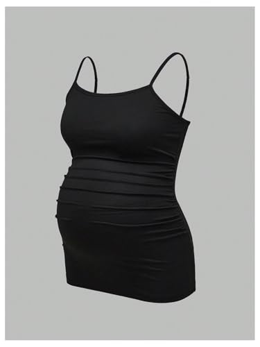 BEAUDRM Women's 3 Pack Maternity Tank Tops Casual Ruched Spaghetti Strap Pregnancy Cami Top Camisole - color: Black and Grey and White, size: Medium
