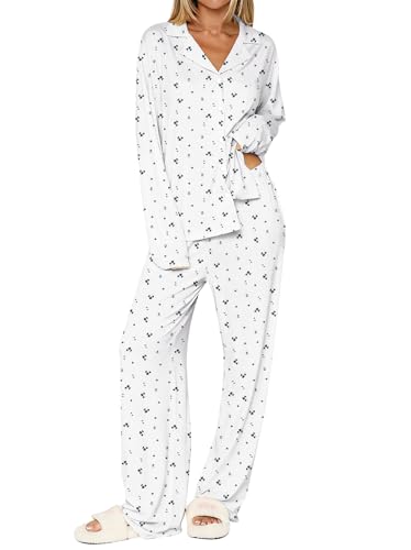Dressmine Ladies Long Sleeve Cute Pajama Sets 2 Piece Fall Outfits - color: Blue Flower, size: Small