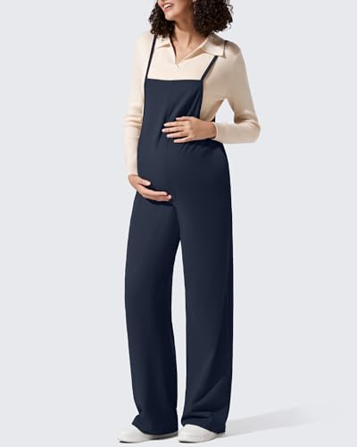 G4Free Maternity Jumpsuits Adjustable Strap Wide Leg Pregnancy Rompers - color: Dark Navy, size: X-Large