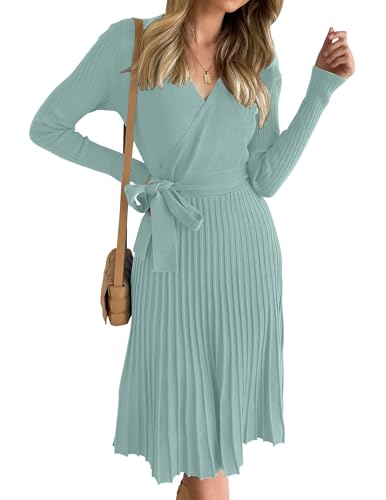 ZESICA Women's Long Sleeve Wrap Sweater Midi Dress with Belt - color: Lake, size: Large