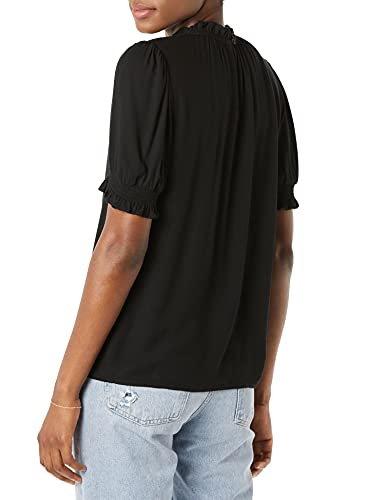 Amazon Essentials Women's Fluid Twill Short Puff Sleeve Ruffle Smock Detail Blouse - color: Black, size: X-Large