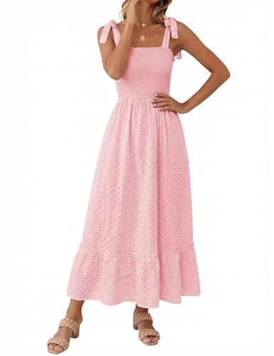 Tobrief Women's Boho Dress Summer Spaghetti Strap Square Neck Flowy Ruffle Beach Long Maxi Dress - color: A-pink, size: X-Large