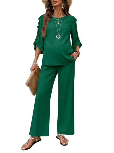 BLENCOT Women's Maternity 3/4 Ruffle Sleeve Two Piece Lounge Set Business Casual Pregnancy Office Outfits with Pockets - color: Dark Green, size: Medium