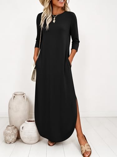 ANRABESS Women’s Air Layer 3/4 Sleeve Fall Maxi Dress & Pockets - color: Black, size: Small