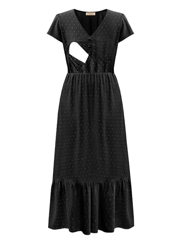 CzzzyL Women Nursing Dresses Cap Short Sleeve V Neck Swiss Dot with Pockets - color: S-black, size: Small