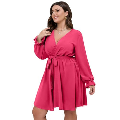 SCOMCHIC Women's Plus Size Long Sleeve Wrap V Neck A Line Mini Dress - color: Hot Pink, size: 4X-Large Plus